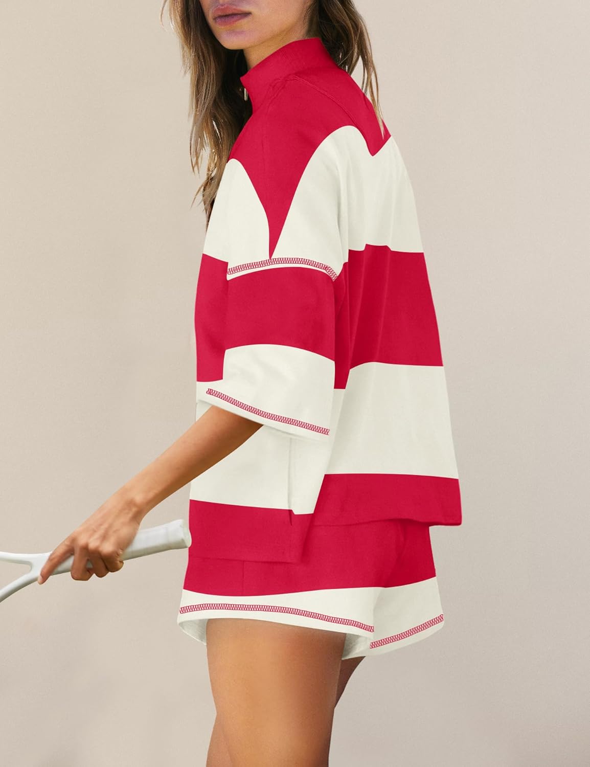 Panadila Women Striped Workout Set Two Piece Outfit Tracksuit Oversized Lounge Set Top and Shorts Sets with Pockets - Image 3