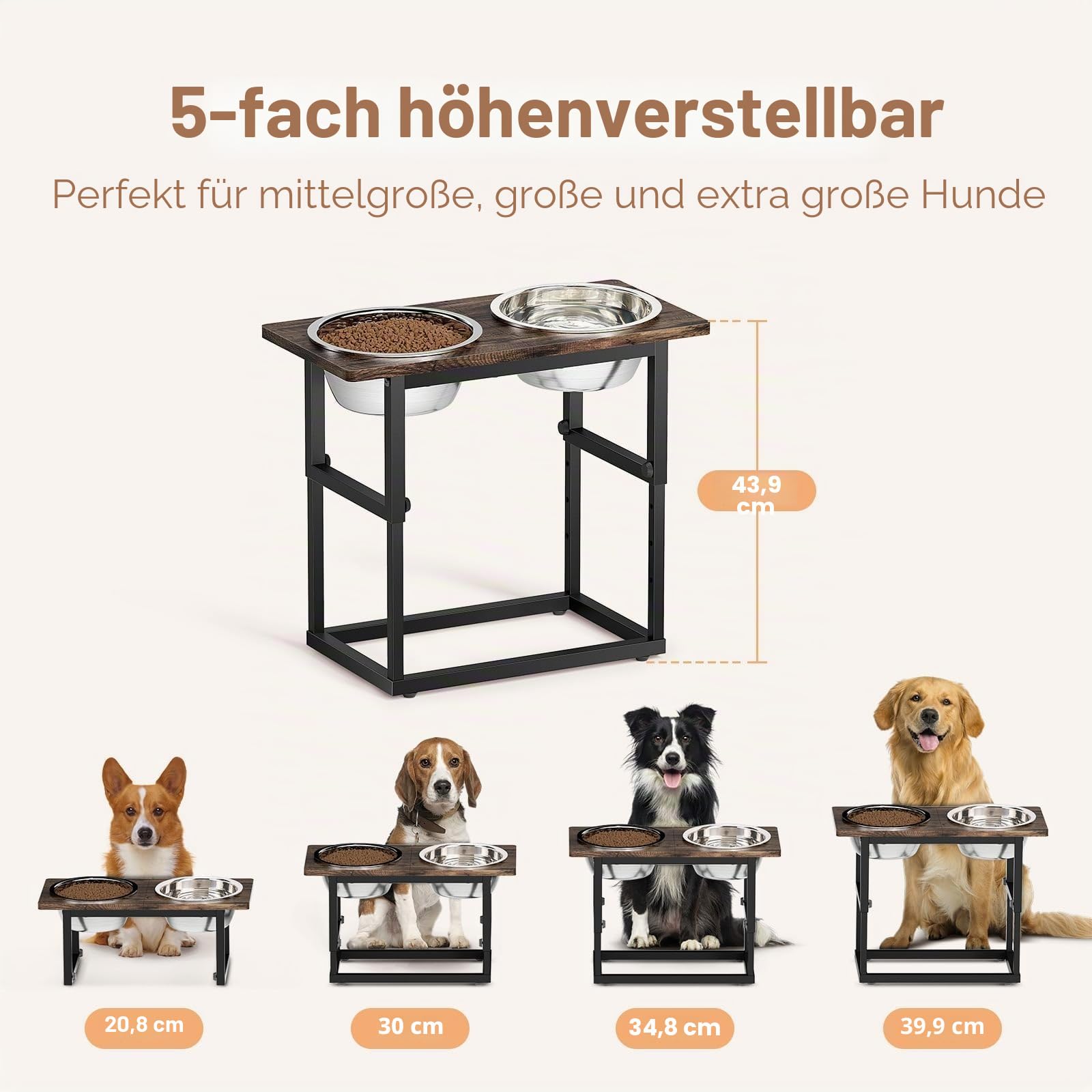Zarler Erhöhte Hundennäpfe für Große Hunde, 5 einstellbare Höhen von 8.2'' - 17.3'', 2 Edelstahlnäpfe, 8.2'',11.8'',13.7'',15.7'',17.3'' Futterstation Hund für Großrassenhunde