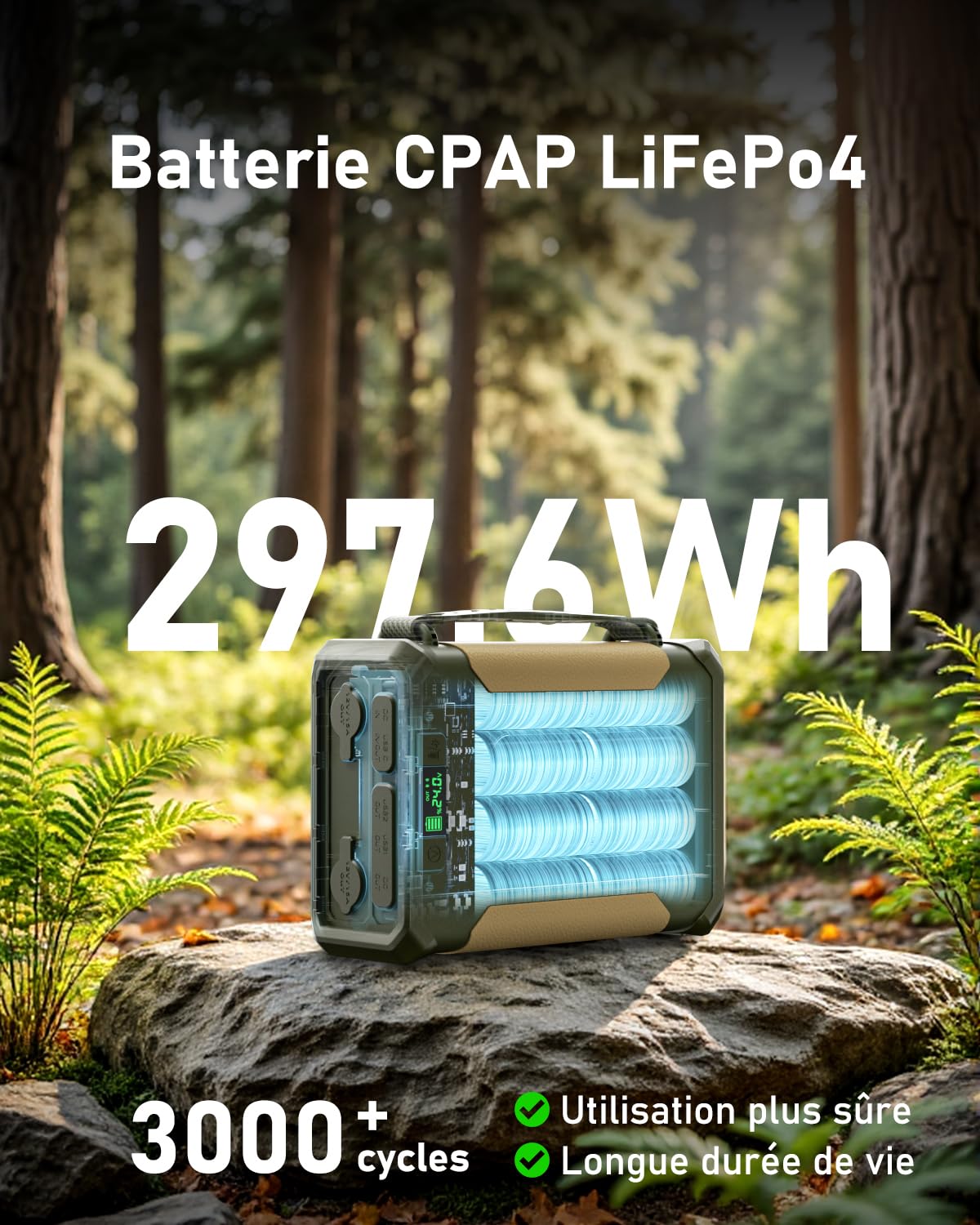 EASYLONGER ES960 297.6Wh Batterie CPAP,LiFePO4 Batterie pour ResMed S9/AirSense 10/ AirSense 11/ AirCurve 10/ AirMini/Philips DreamStation, 96000mAh CPAP Batterie Externe pour Camping