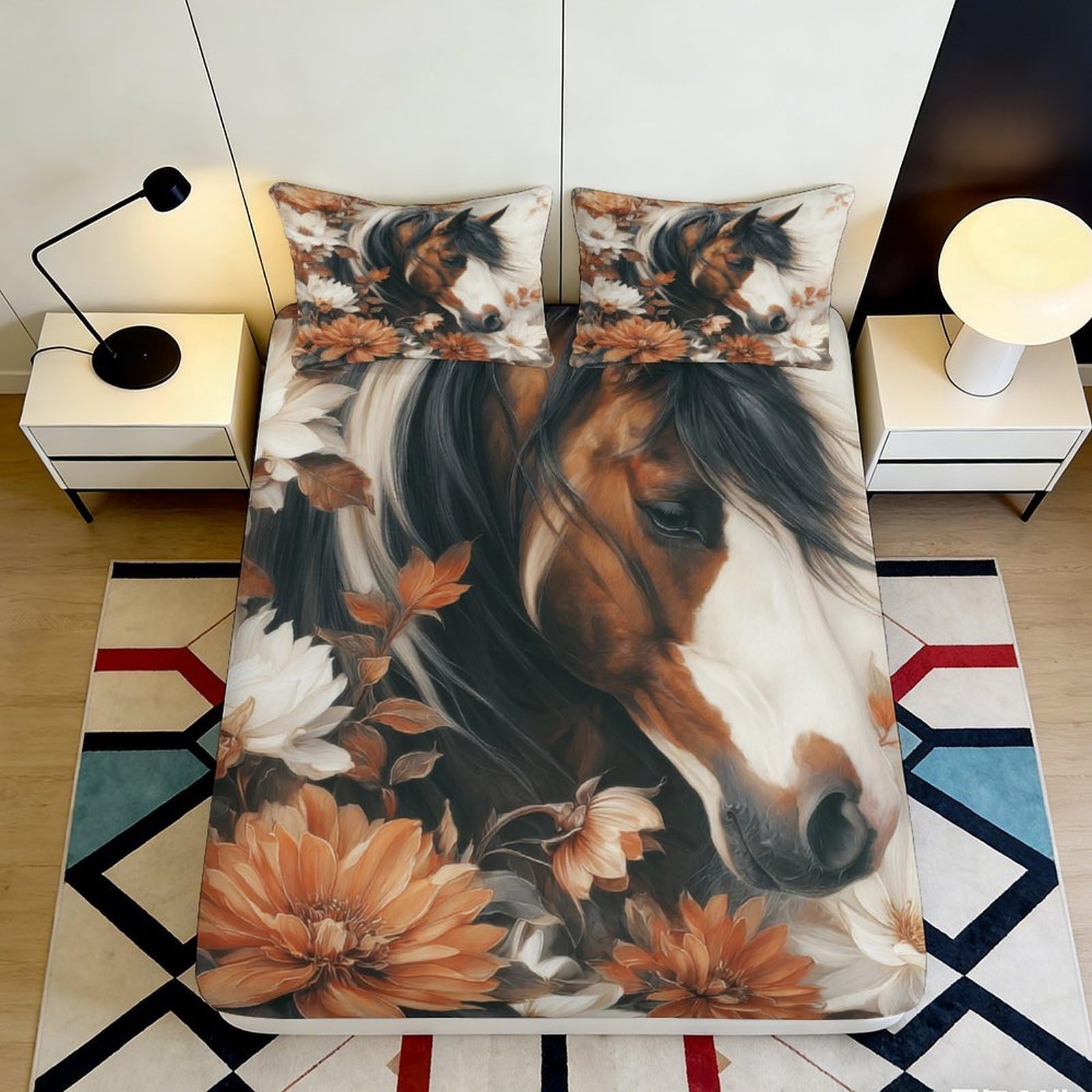 Jqzkxnhpbr Style-2 3D Printed Horse Floral Fitted Sheet Microfiber Soft Decorative Brown White Bed Sheet For Bedroom Dorm Guest Room Protection 90X200x25cm