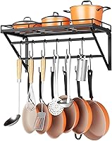 OROPY 23 Inch Black Wall Mounted Pot Rack with Shelf, 2-Tier Rails & 12 S-Hooks - Pots, Pans, Utensils Organizer