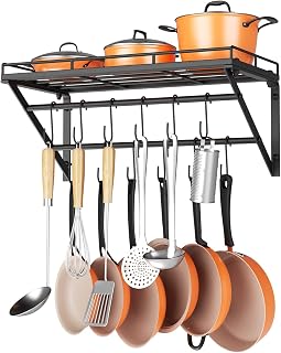 OROPY 23 Inch Wall Mounted Pot Rack with Shelf, 2-Tier Rails & 12 S-Hooks for Pots, Pans, Utensils - Black