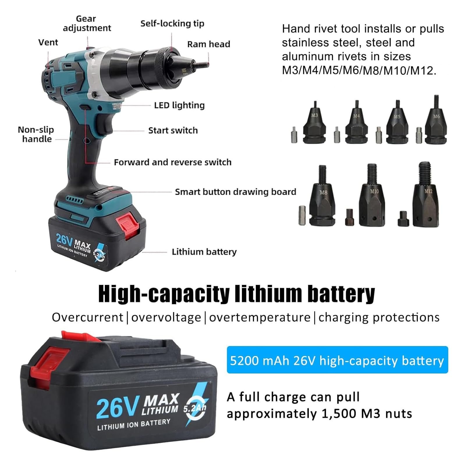 Remachadora de Tuercas a Batería y Eléctrica Portátil - Juego Profesional con Cargador para Tuercas Remachables M3, M4, M5, M6, M8, M10, M12 en Acero (5200mAh, 2 Batería)
