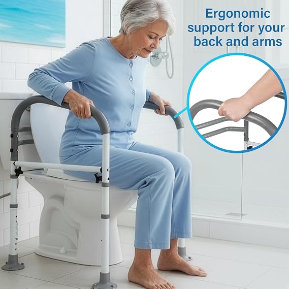 Vaunn Medical Adjustable Toilet Safety Rail for Seniors, Foldable Toilet Safety Frame for Elderly Adults, Bathroom Grab Bar Handle, Toilet Handle for Elderly & Disabled, Free-Standing (Gray)
