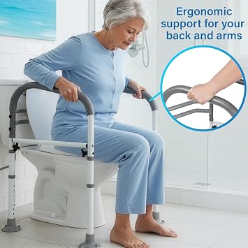 Vaunn Medical Adjustable Toilet Safety Rail for Seniors, Foldable Toilet Safety Frame for Elderly Adults, Bathroom Grab Bar Handle, Toilet Handle for Elderly & Disabled, Free-Standing (Gray)