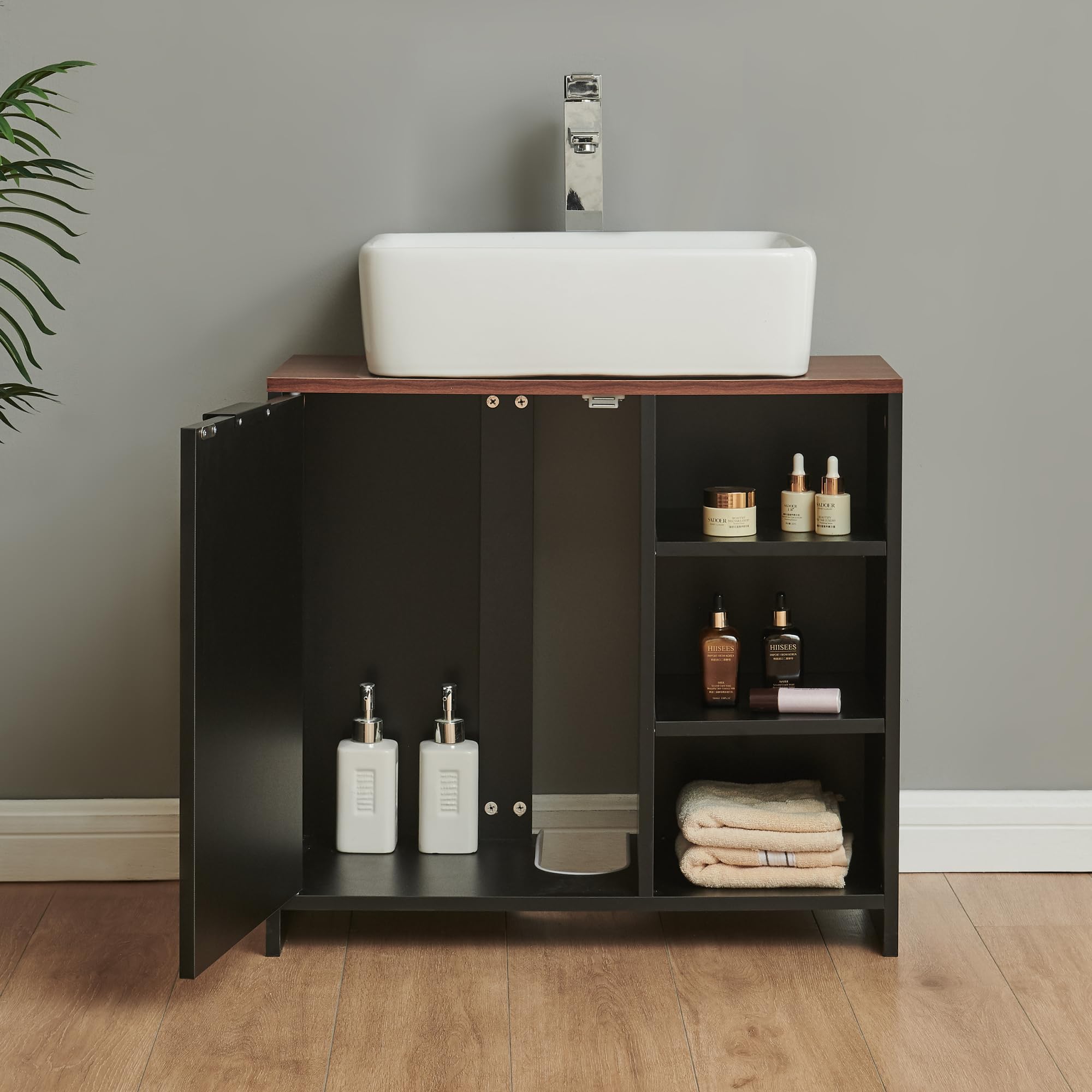[en.casa] Mobile Sottolavabo da Terra con Anta Armadio da Bagno Sotto Lavandino con Scomparto Chiuso Ritaglio Sifone e 3 Ripiani Vani Aperti Lavanderia 60 x 66 x 30 cm - Nero/Effetto Noce
