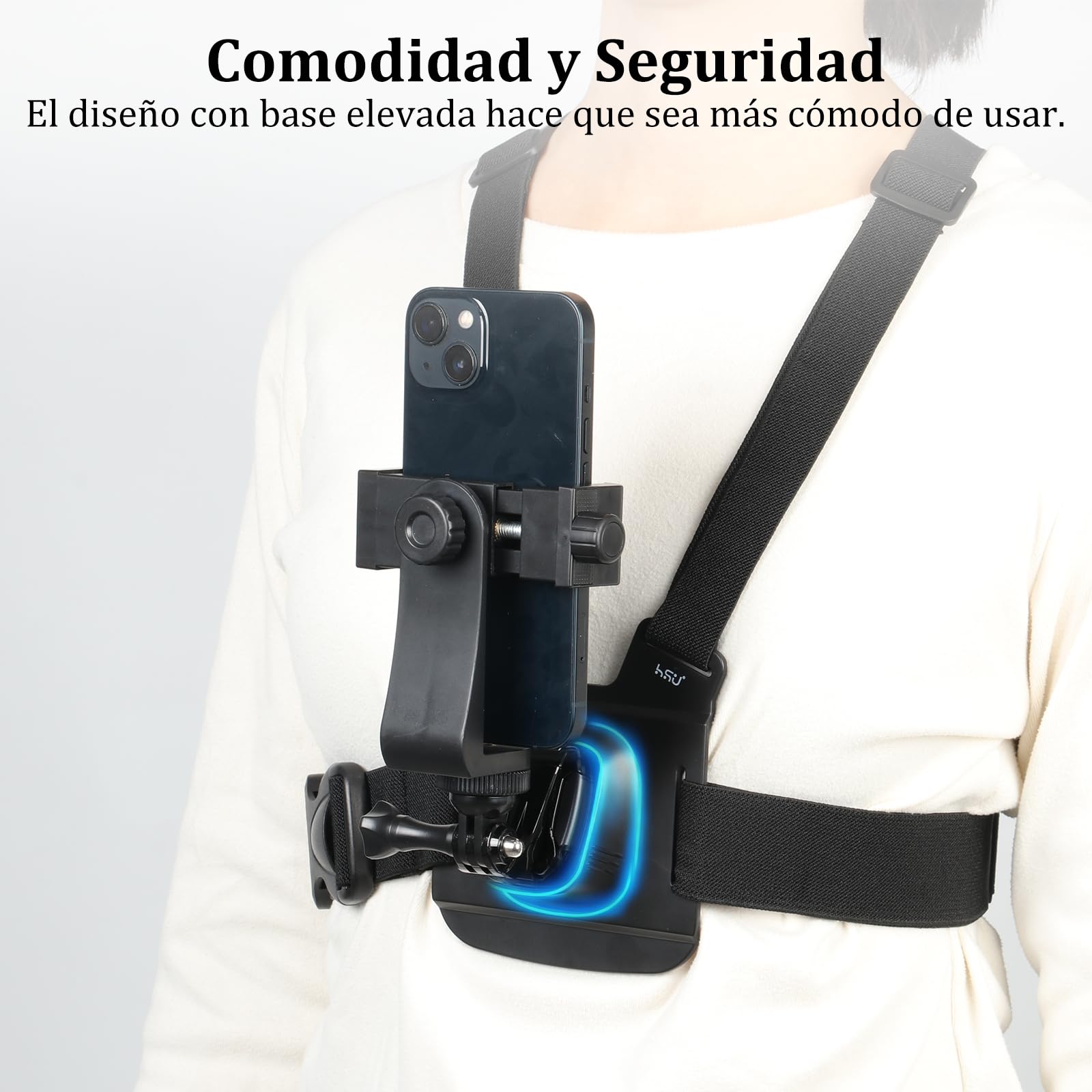 HSU Soporte para teléfono móvil con correa para el pecho, con cierre rápido J-Hook Clip para cámara de acción y soporte para teléfono móvil, set de accesorios para grabación de vídeo POV/VLOG