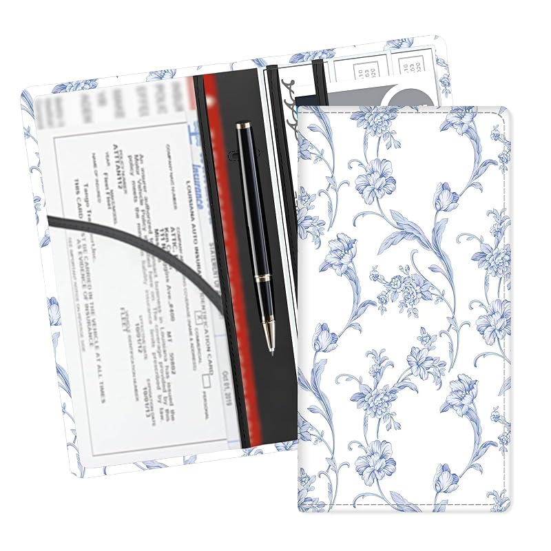 Porta-documentos automotivo para documentos do veículo em couro sintético ADUQLZUX, azul e branco floral vintage