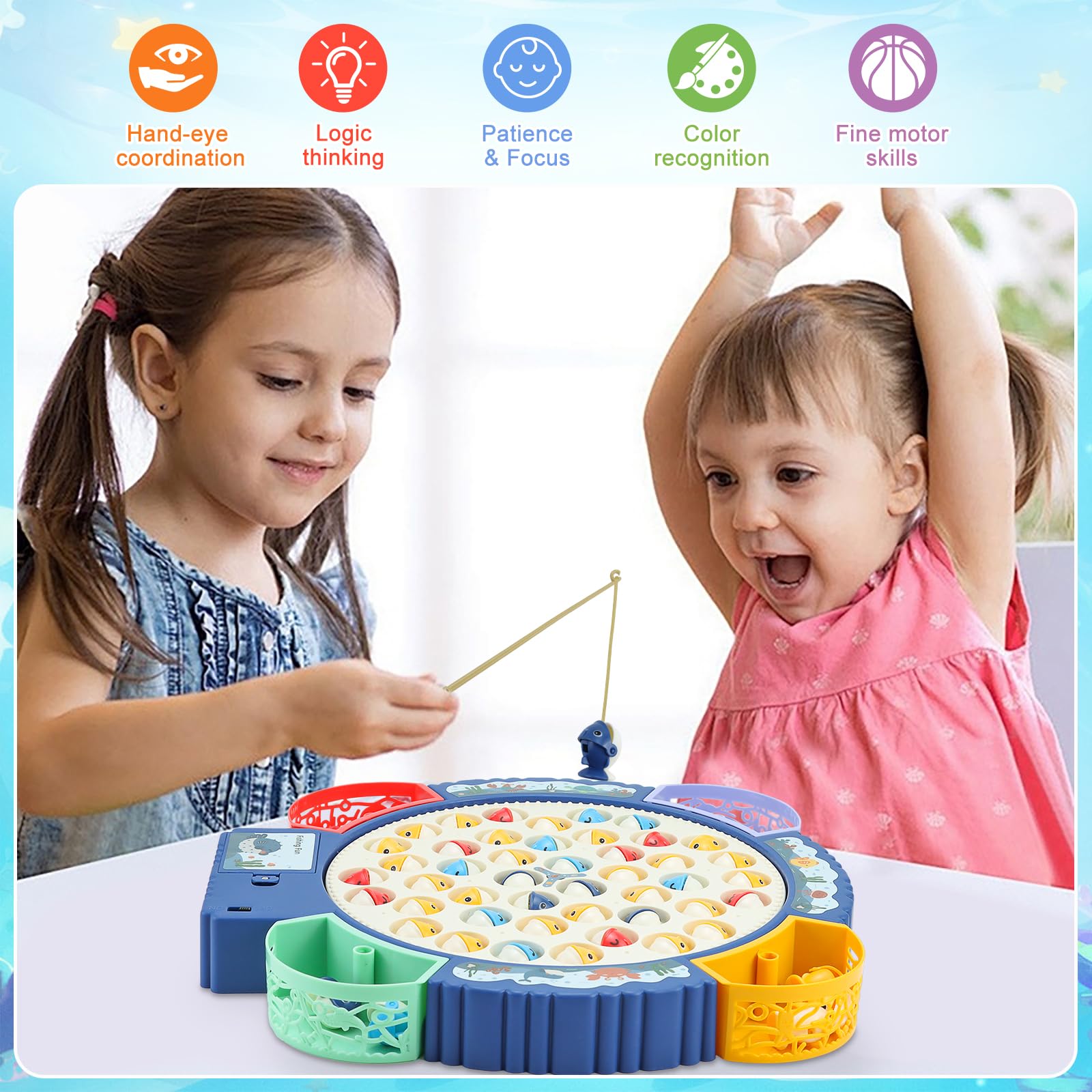 Qingning Gioco Musicale di Pesca con 55 Pesciolini e 8 Canna da Pesca, Gioco di Pesca Magnetica Elettrico Giocattolo Educativo Interattivo, Regali Montessori per Bambini di 2 3 4 5 6 Anni