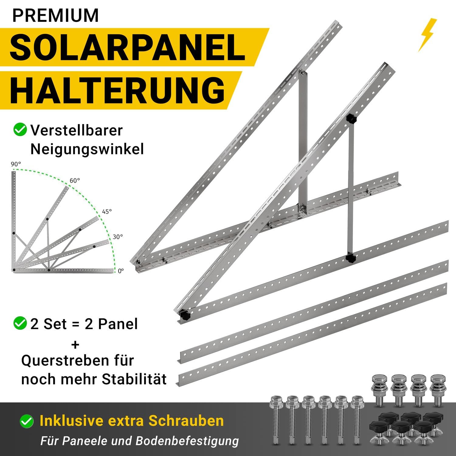 Avoltik Balkonkraftwerk Halterung 2er Set [0% MwSt.] - Solarpanel Halterung Flachdach [0-90° verstellbar] Solarmodul Halterung Flachdach - Ideal für Dach, Boden & freistehend - 114 cm - Alu 6005-T5