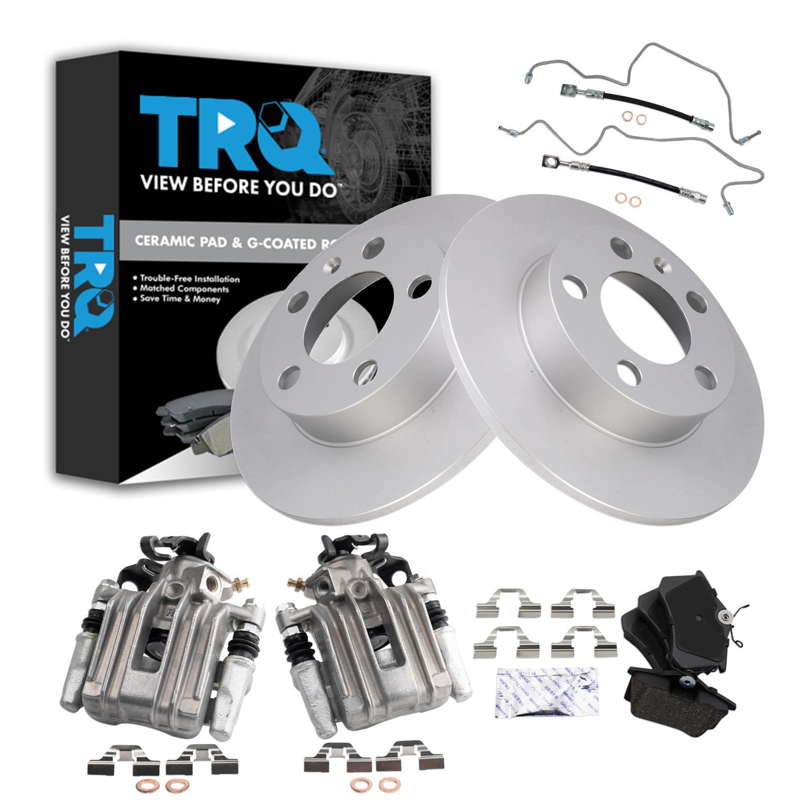 TRQ Rear Brake Pad and Rotor Set Ceramic Coated Rotors Calipers Compatible with 2002-2006 Audi TT TT Quattro 1999-2008 Volkswagen Beetle 1999-2006 Golf