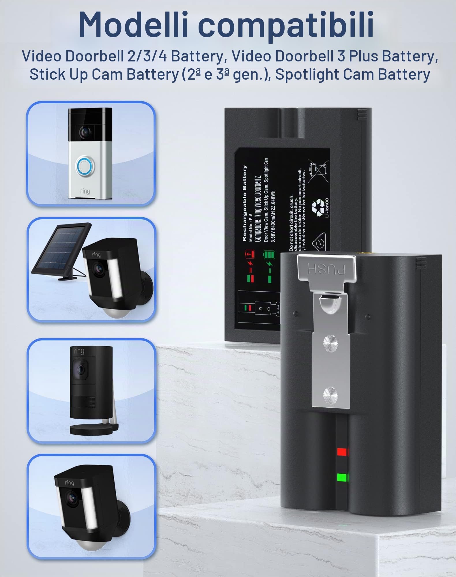 2 batterie e stazione di ricarica per Ring Video Doorbell, 3,65 V 6040 mAh, compatibile con Video Doorbell 2/3/3+/4, batteria Spotlight Cam, Stick Up Cam (generazione 2/3)