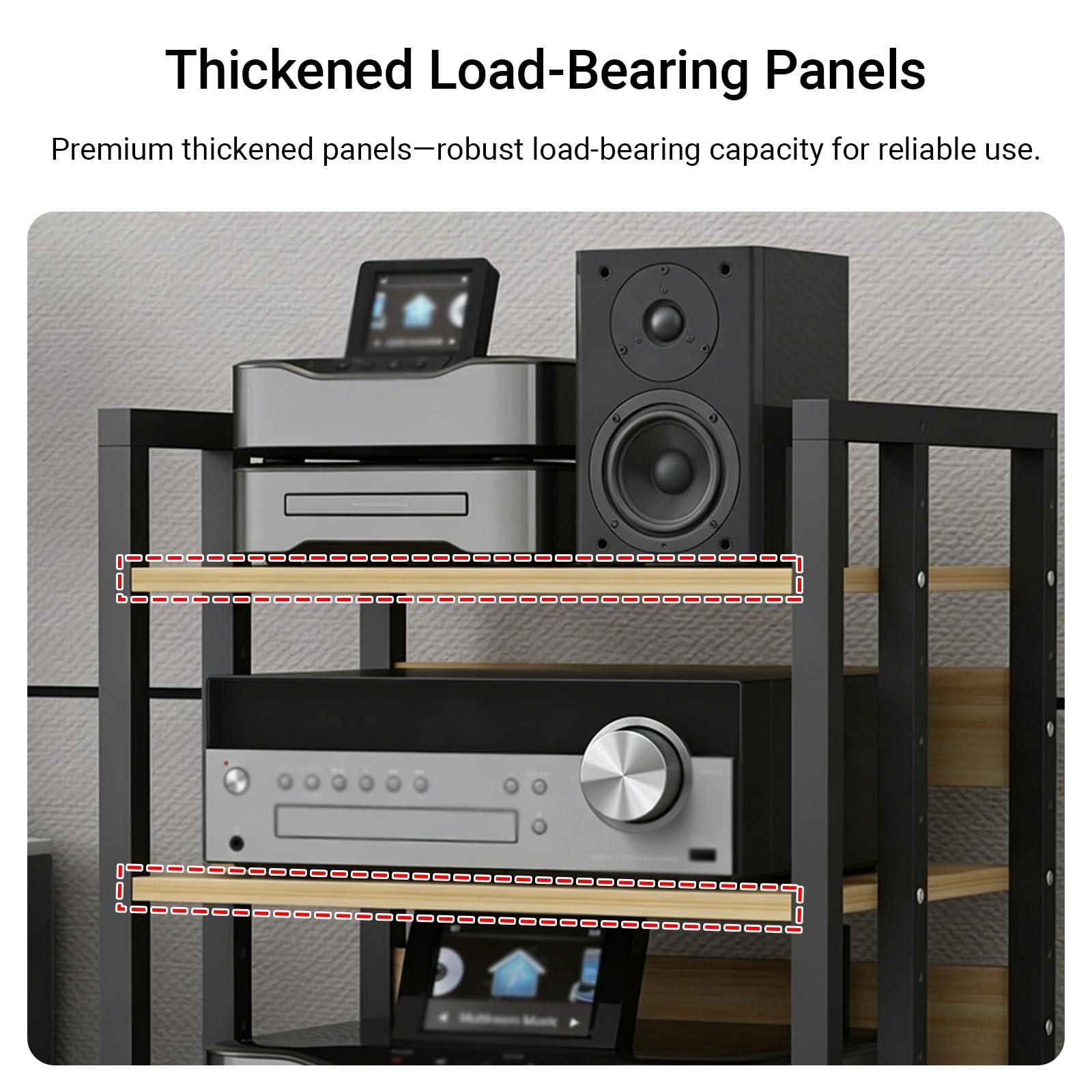 AV Media Stand, 3/4/5/6 ripiani in legno con telaio in acciaio, scaffale moderno per intrattenimento per casa, ufficio e componenti video