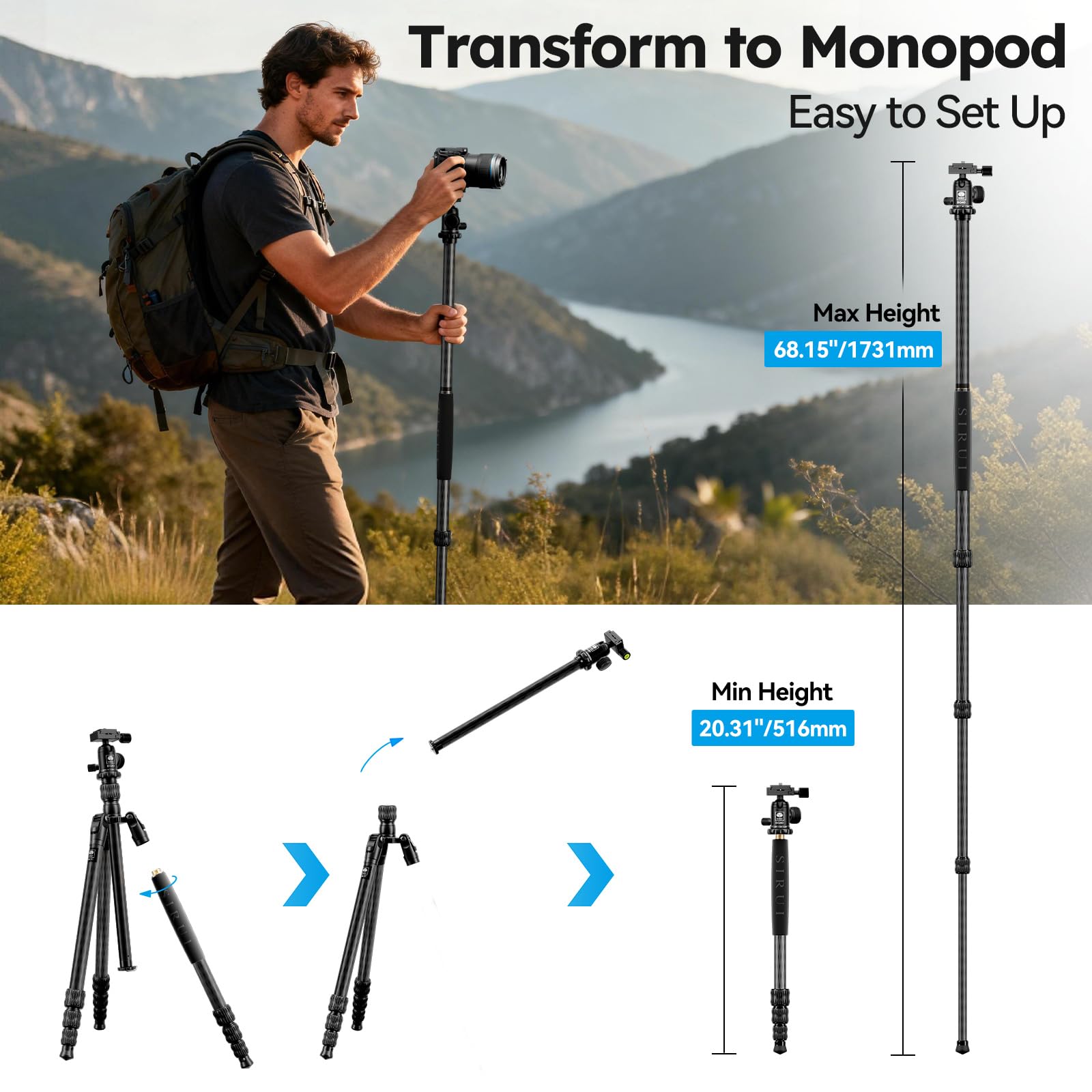 SIRUI AM-7C Carbon statyw podróżny 2 w 1 z głowicą kulową 360°, zdejmowana noga jako kij trekkingowy monopod, nośność 8 kg, maks. 168 cm, lekki statyw do lustrzanek cyfrowych, aparatów bezlusterkowych