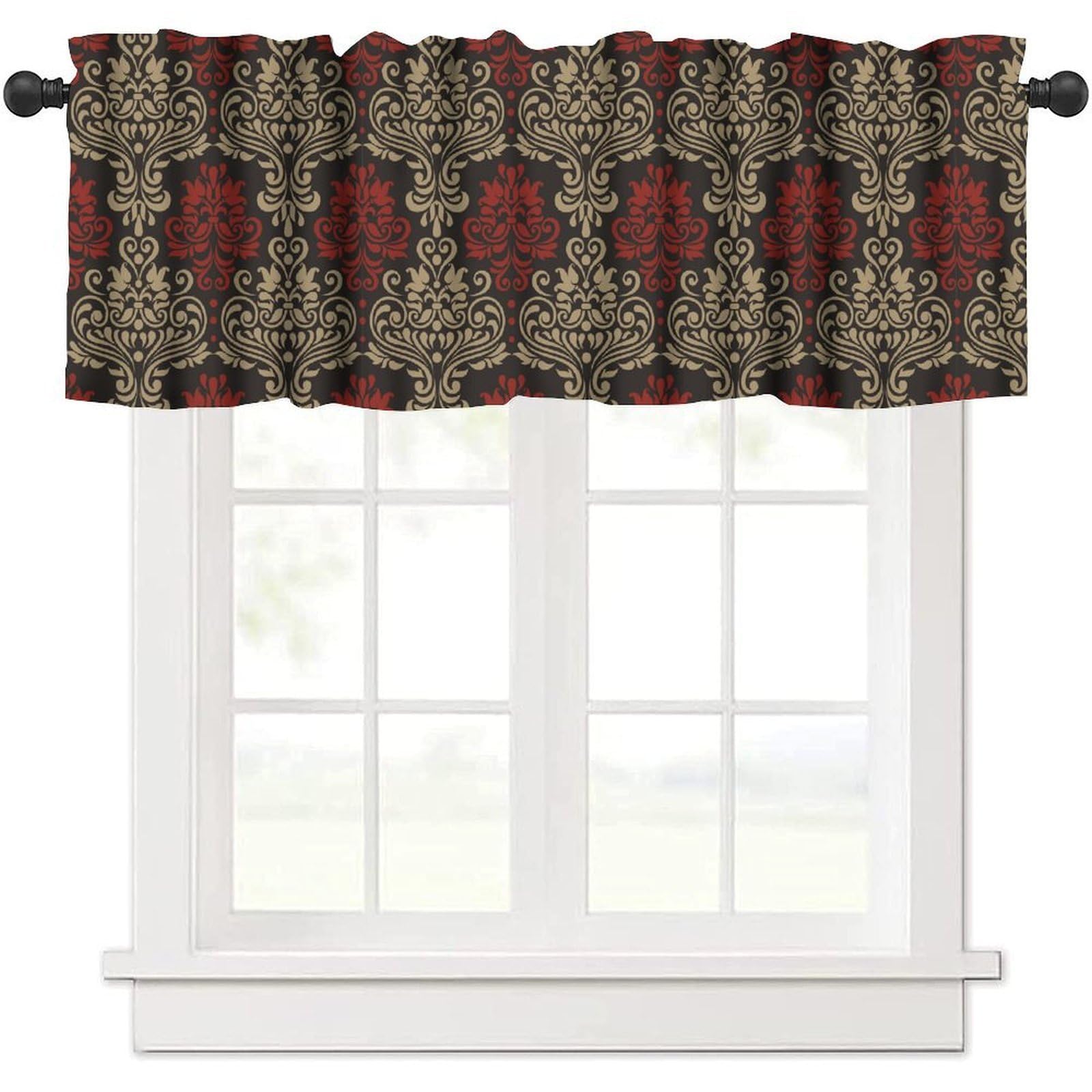 moderw Red Beige Damask Floral Window Curtains Valance, Vintage Luxury Black Damask Classical Baroque Curtain Valance for Farmhouse Bedroom Living Room Kitchen 54x18inch