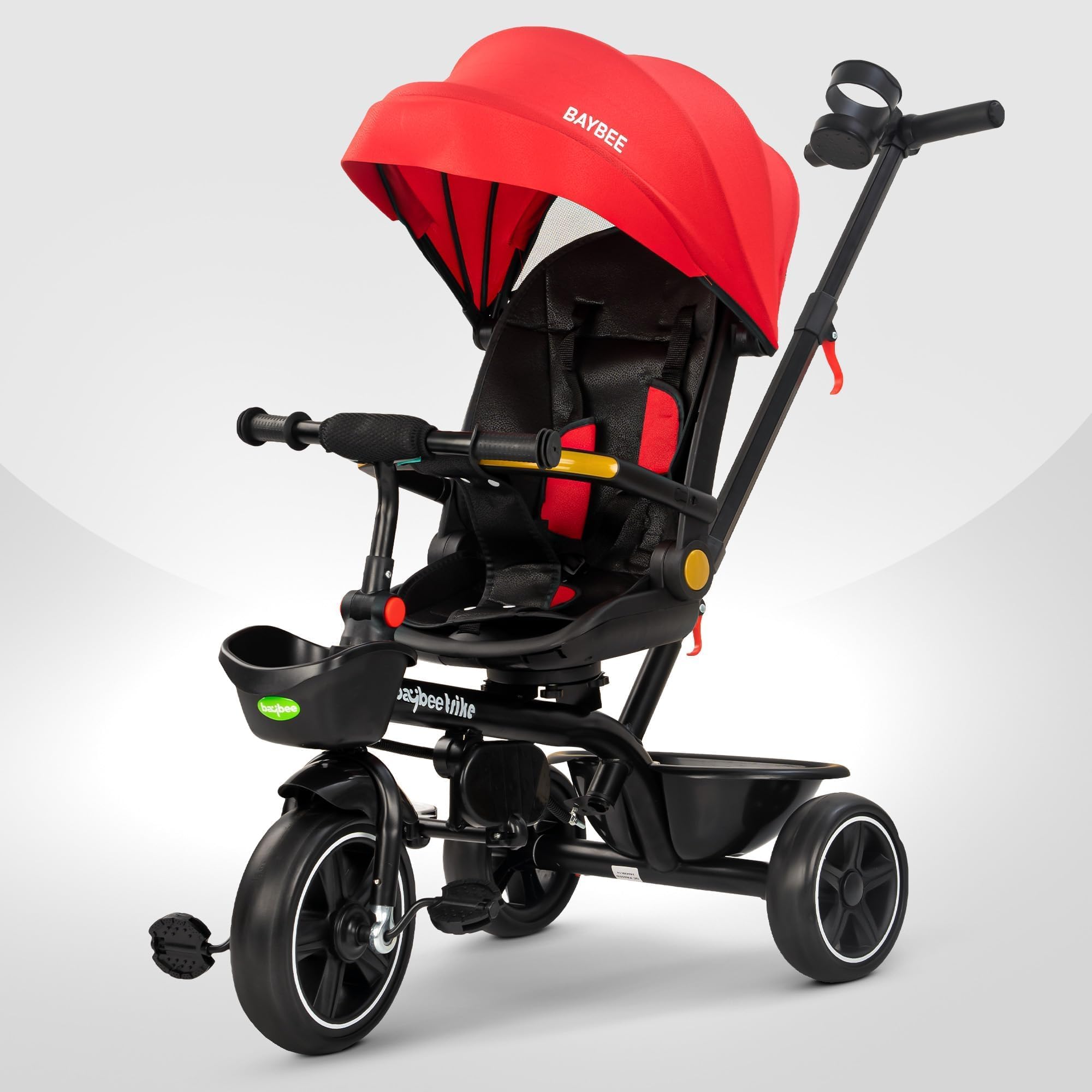 Baybee Uno 2-in-1 Baby Tricycle for Kids with Smart Parental Push Handle, 180° Reversible Seat, Safety Guardrail & Canopy | Kid Cycle Trikes for Toddlers | Baby Cycle for Kids 2 to 5 Years (Red)-image-12