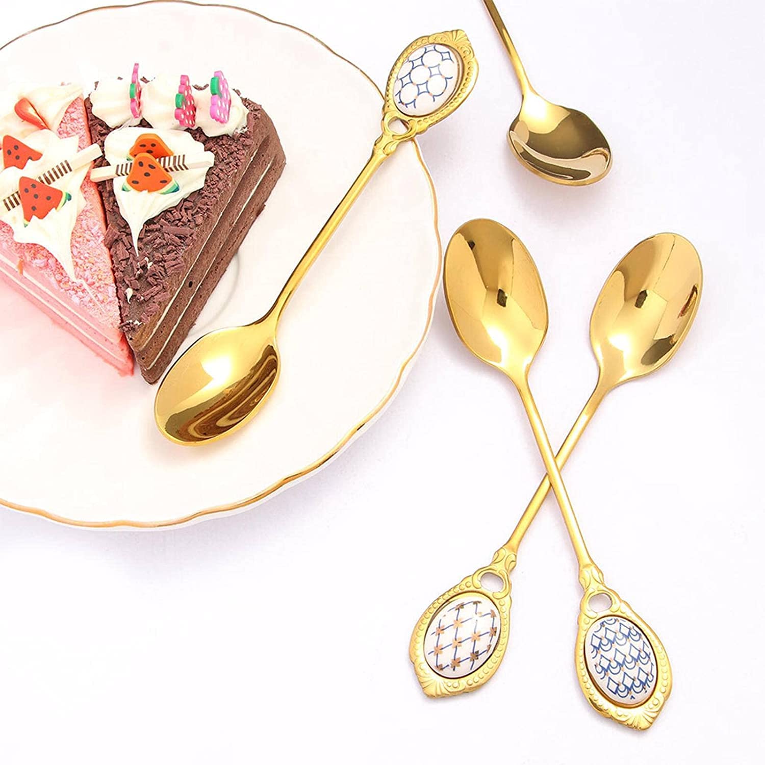 Löffel Restaurants Edelstahl Löffel Inlay Keramik Griff Kaffee Scoop Vintage Gold Farbe Dessert Kuchenschaufel Esslöffel Hause(D)