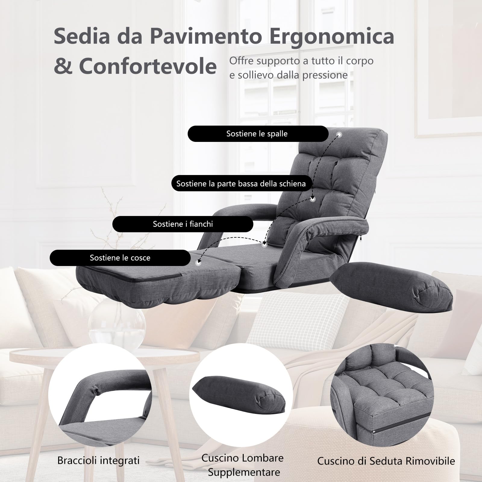 COSTWAY Poltrona Divano con 5 Livelli Regolabili, Sedia da Terra con Braccioli e Cuscino, Struttura in Acciaio, Multifunzione e Pieghevole per Soggiorno Camera da Letto, 55x66x71 cm (Grigio)
