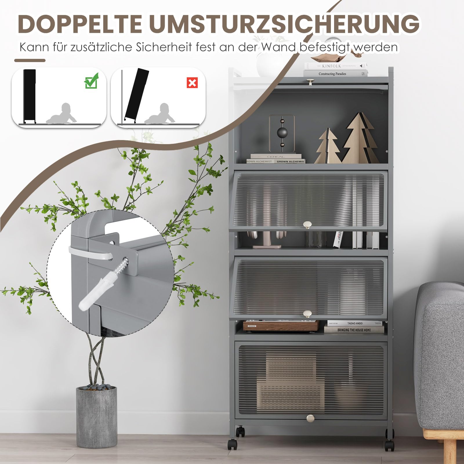 COSTWAY Küchenschrank hoch, Küchenregal mit Rollen, 5-stufig, Mikrowellenständer mit aufklappbaren PC-Türen & Kippschutz, Standregal Hochschrank, für Küche Esszimmer Wohnzimmer (Grau)