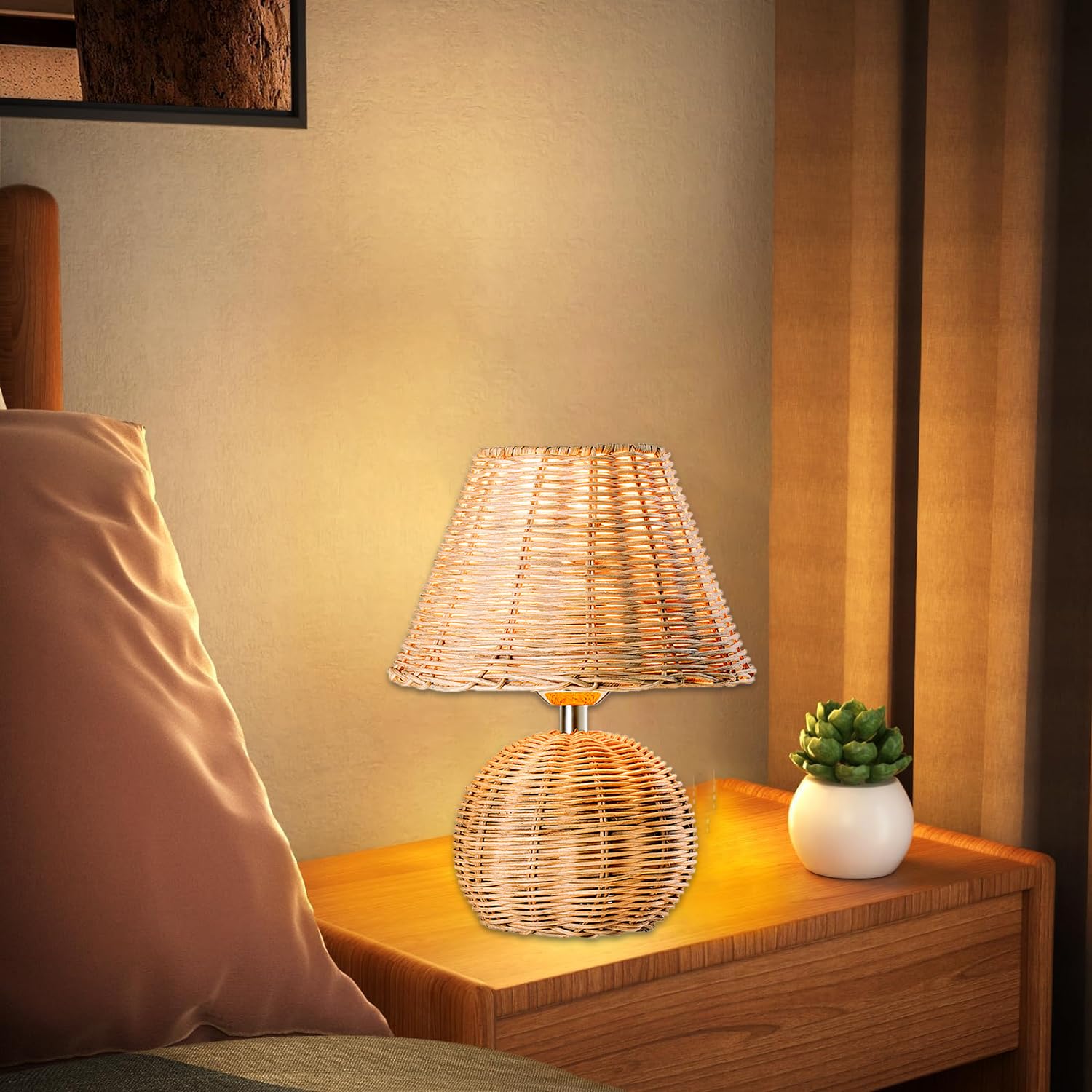 Lampada da tavolo in bambù con spina e interruttore lampada da comodino vintage E14 lampada da tavolo in bambù con cavo da 1,5 m fatta a mano illuminazione da tavolo per camera da letto, soggiorno