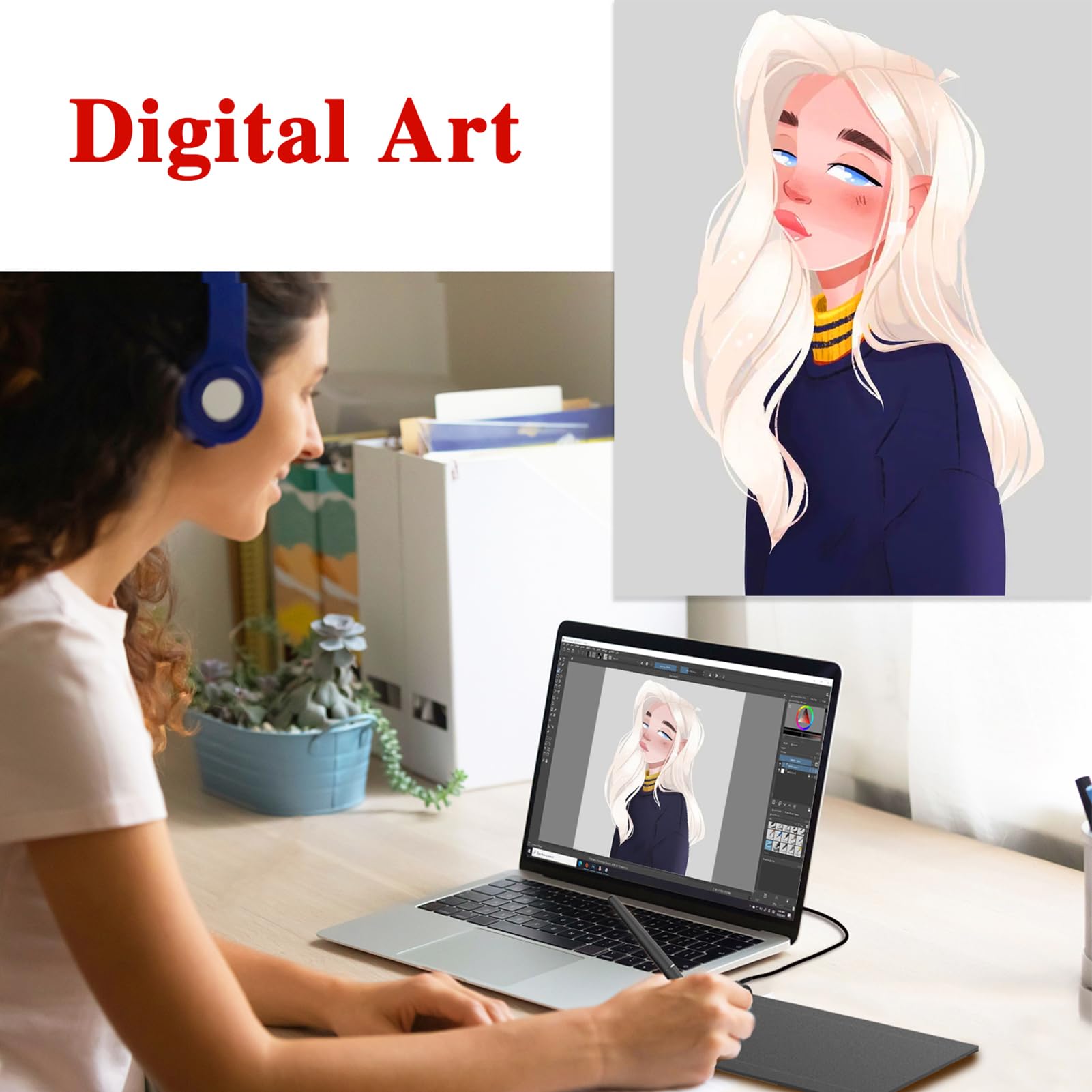 PN640 Tableta gráfica de Dibujo con lápiz óptico sin batería y 8192 Niveles de sensibilidad a la presión - Área Activa Art Pad de 6 x 4 Pulgadas Compatible con Mac OS Android y