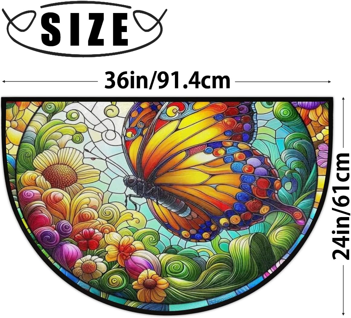 Half Round Door Mat Animal Butterfly Flower Half Moon Rug Washable Half Circle Area Rugs Indoor Entrance Non Slip Semi Circle Bathroom Rugs Floor Carpet for Kithen Bedroom Fireplace Decor