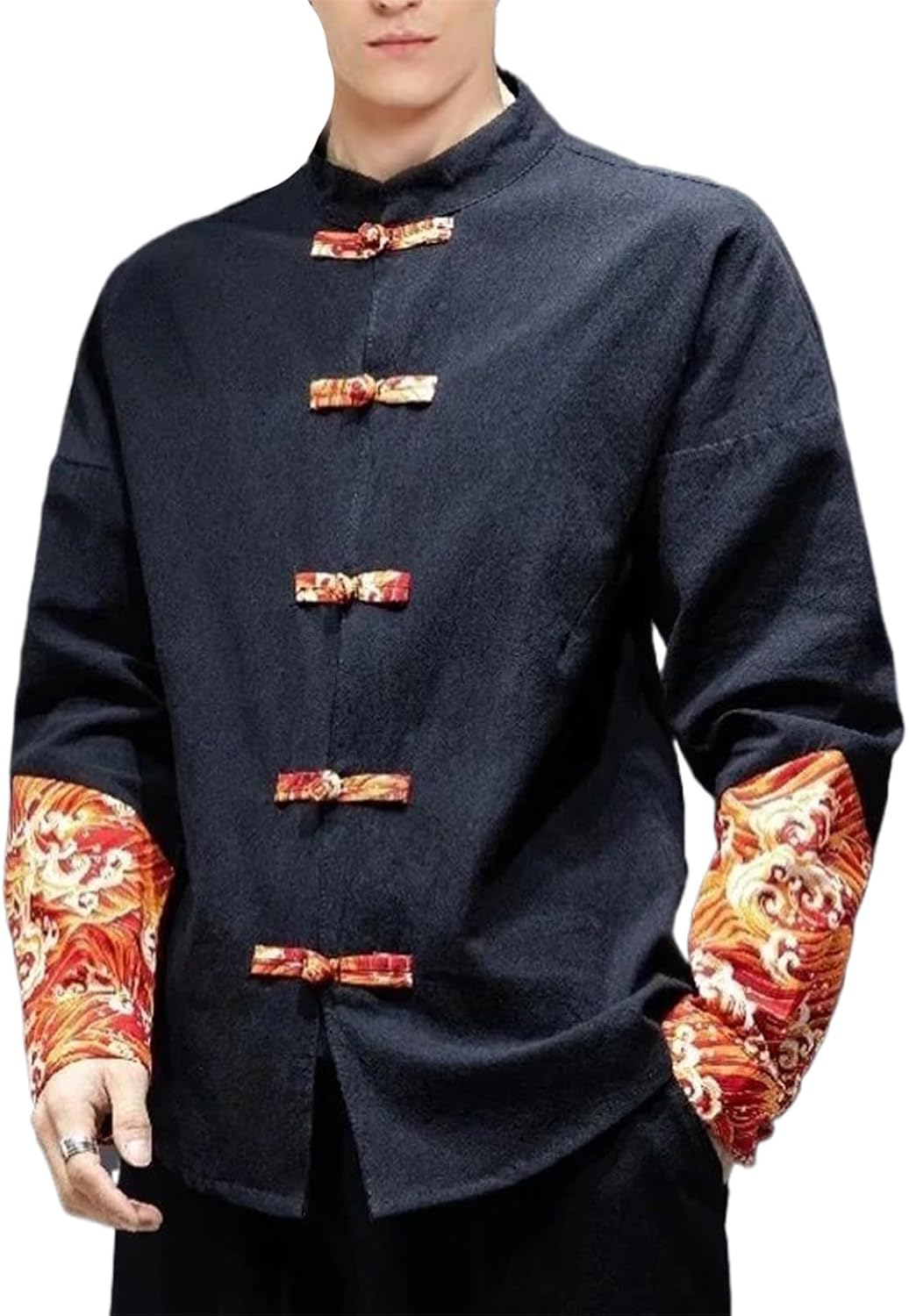 Chinese Style Tang Suit Men's Color Matching Retro Jacket Traditional Top Kung Fu Tai Chi Shirt Clothes Hanfu