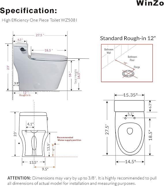 WinZo WZ5081 Elongated One Piece Toilet Low Profile, High Efficiency Side Flush 1.28 GPF with Soft Close Seat White