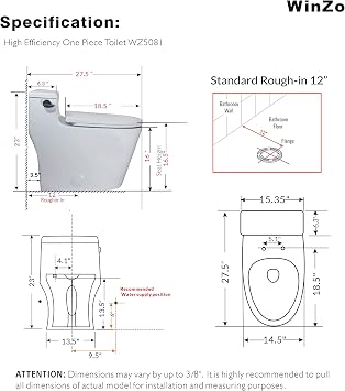 WinZo WZ5081 Elongated One Piece Toilet Low Profile, High Efficiency Side Flush 1.28 GPF with Soft Close Seat White