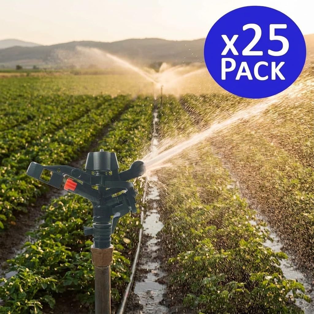 Set di 25 IRRIGATORE AGRICOLO ad angolo regolabile. Raggiungi 13-18 n. Filetto maschio 3/4". Portata da 1040 a 2100 litri/ora.