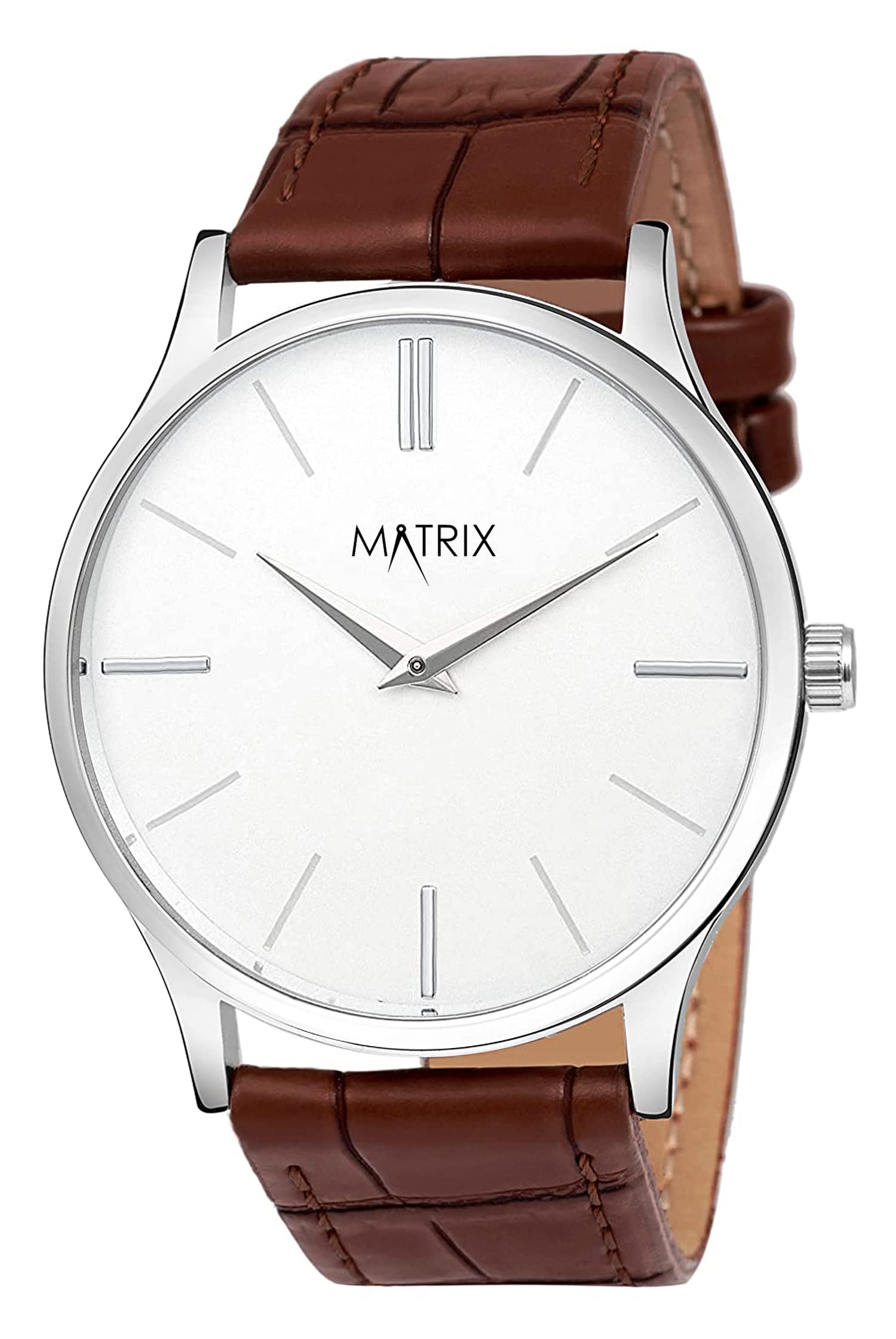 MatrixMen's Signature Two Hands & Cut Glass with Leather Strap Analog Watch ( Black / White Dial )