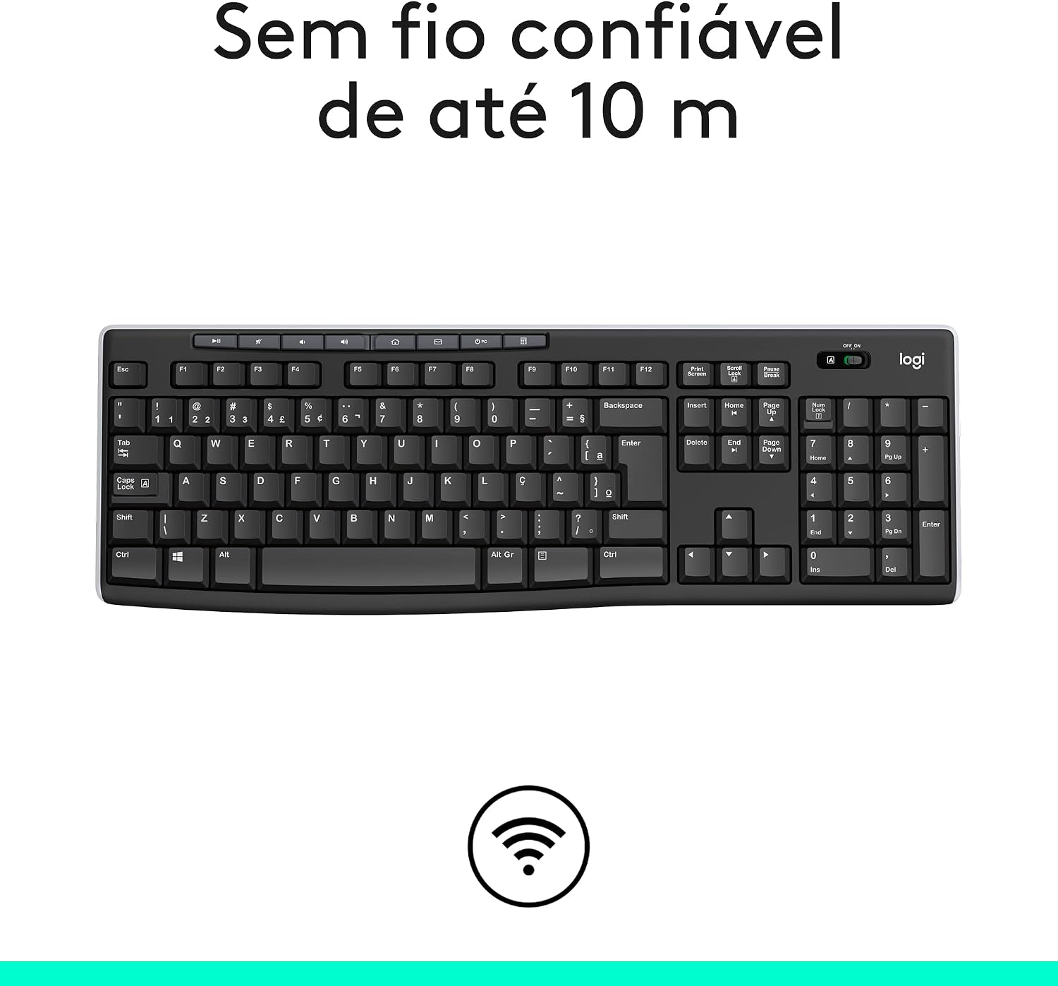 Teclado sem fio Logitech K270 com 8 Teclas Multimídia, Conexão USB, Pilhas Inclusas e Layout ABNT2 - Compatível com PC e Notebook.