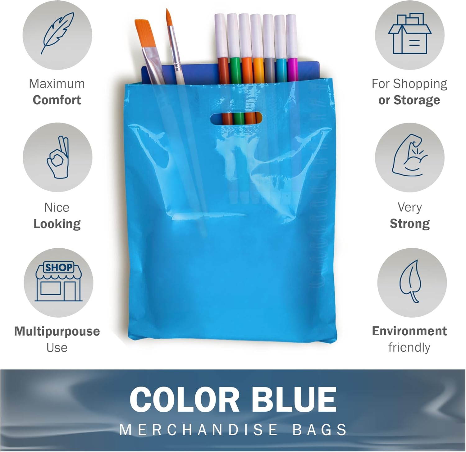 Blue Merchandise Plastic Shopping Bags - 200 Pack 9" x 12" with 1.5 mil Thick - Die Cut Handles - Perfect for Retail, Party Favors, Birthdays, Goodie Bags - Color Blue - Recyclable - Image 4