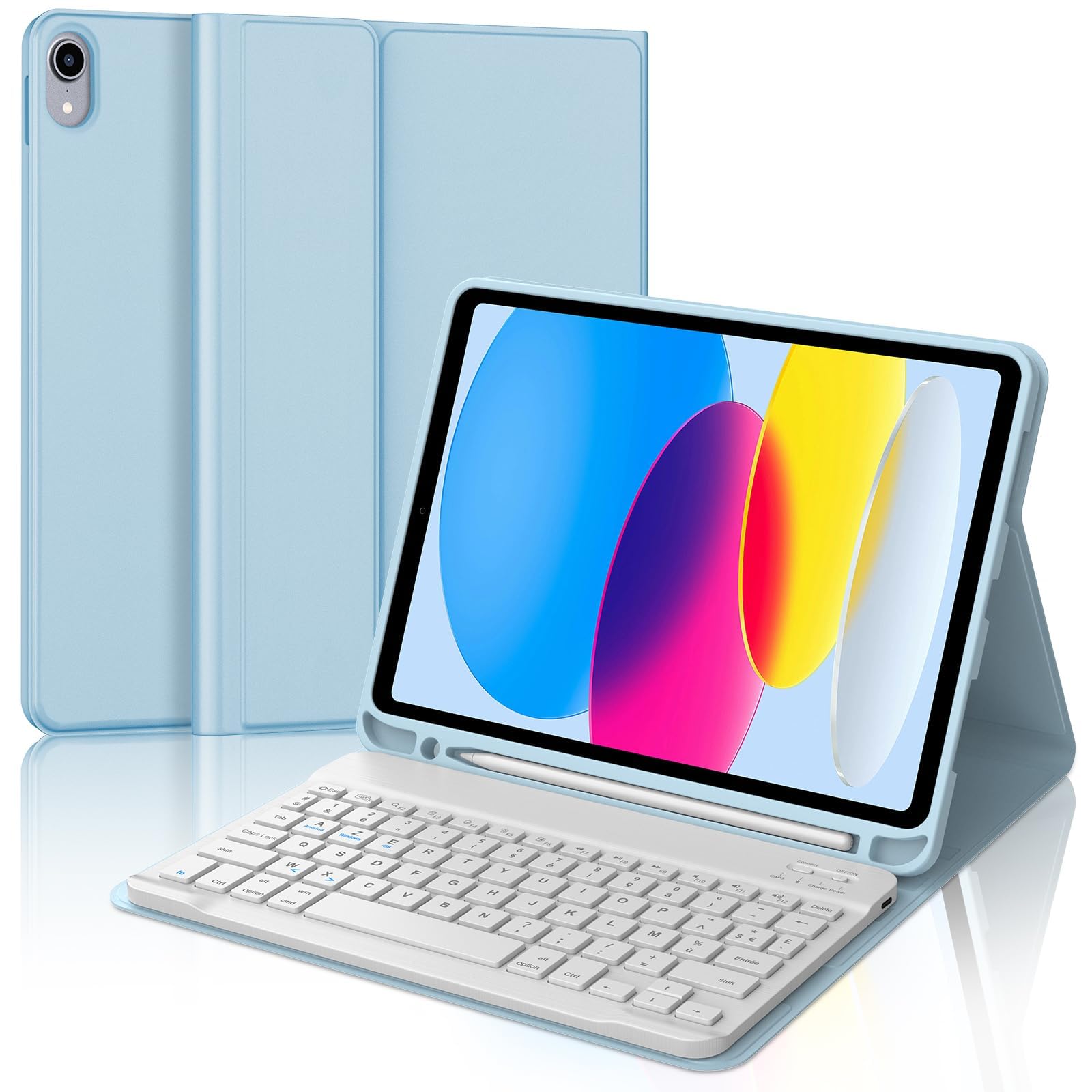 Coque Clavier pour iPad A16 11e Génération 2025/10e Génération 2022, AZERTY Français Housse Clavier Bluetooth Magnétique Détachable avec Porte Crayon pour iPad 10/11eme Gén 10.9/11 Pouces, Bleu Ciel
