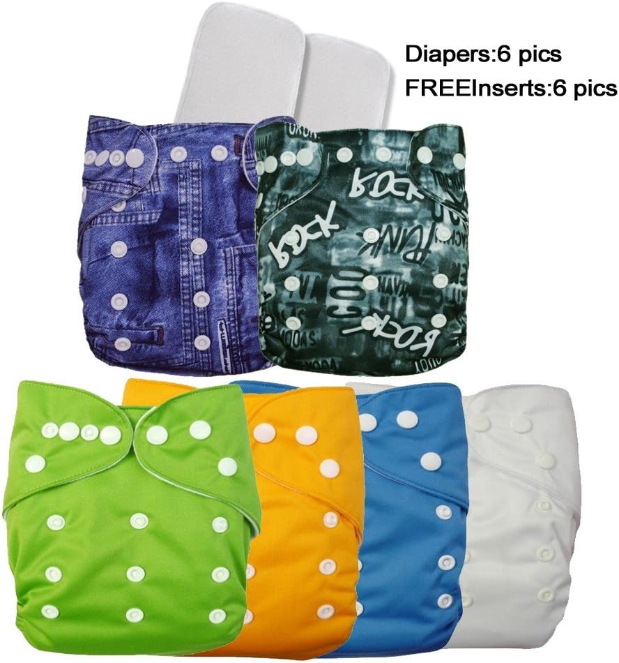 Baby AIO Cloth Diapers Washable Reusable Adjustable Boy One Size Cover , 6 pcs + 6 Inserts
