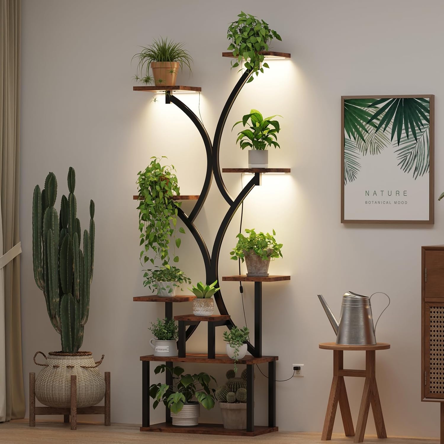 51 Inch Plant Stand with Grow Light, 7 Tiered Indoor Plant Shelf with Larger Flower Holder, Plant Stand with wheels Top Ring Hook , Corner Plant Rack for Living Room, Rustic Brown (9 Tiered)