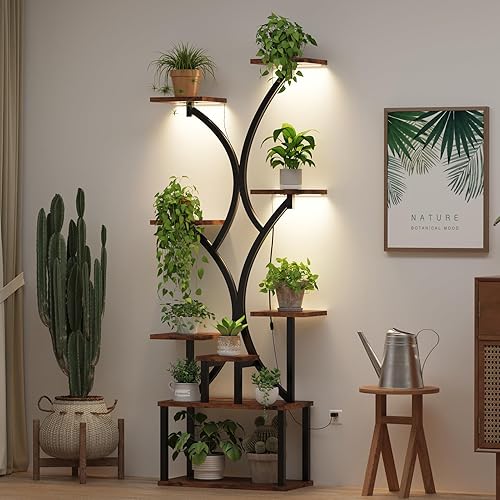 Soporte para plantas de interior con luces de crecimiento, estante para plantas de 9 niveles para interiores, soporte de esquina de 60 pulgadas para