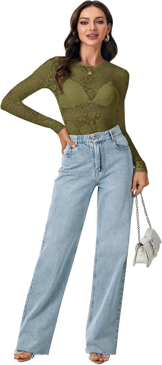 LYANER Women's Sexy Mesh Top Floral Long Sleeve See Through Shirt Lace Sheer Blouses - Image 6