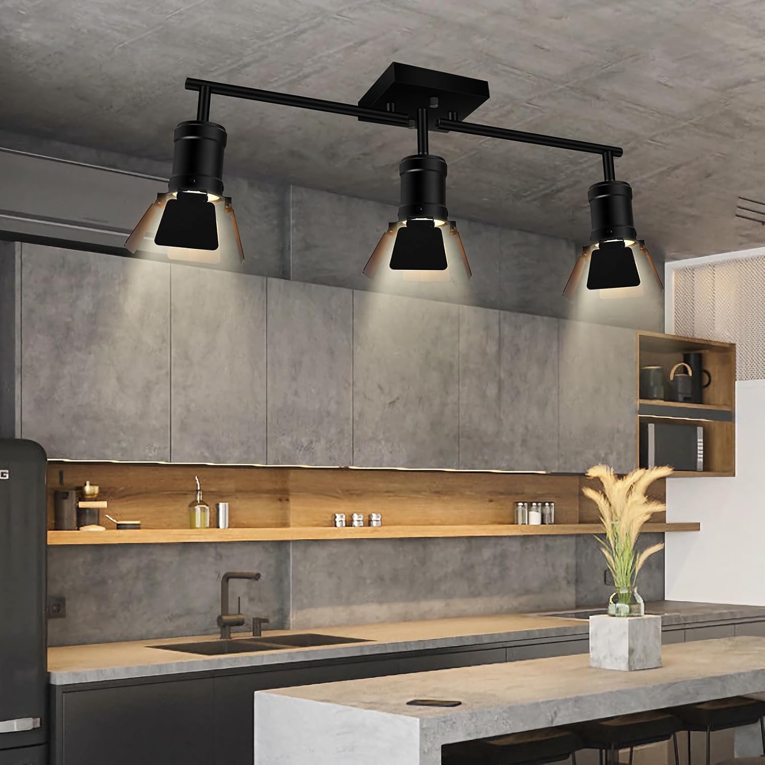 3 Light Track Lighting Fixtures Ceiling, Black Track Lighting with Upgrade Lamp Heads, 3 Way Track Lights Ceiling, Vintage Industrial Track Light for Kitchen/Bar/Boy's Room,GU10 Bulb Not Included