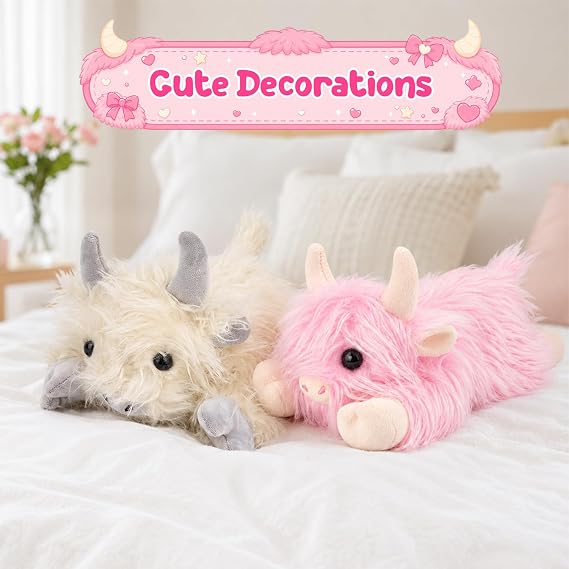Highland Cow Plush 10in Weighted Stuffed Animal, Soft Pink Fluffy Cow