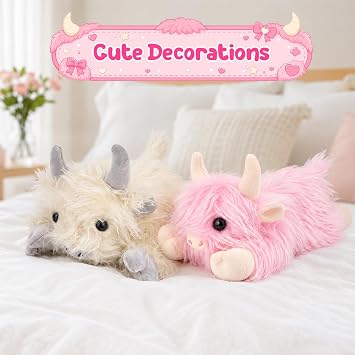 Highland Cow Plush 10in Weighted Stuffed Animal, Soft Pink Fluffy Cow