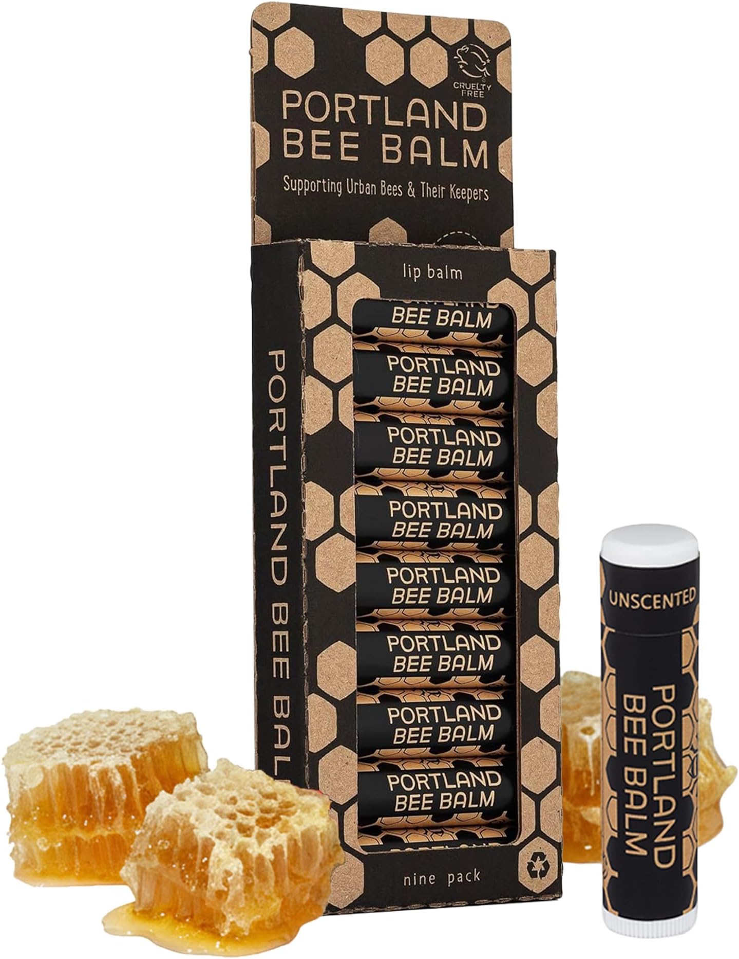 Portland Bee Balm All Natural Handmade Beeswax Lip Balm with Organic Coconut and Olive Oil (Unscented) - 9 Count | Natural Lip Balm, Cruelty Free, Plastic Neutral, | Organic Lip Balm