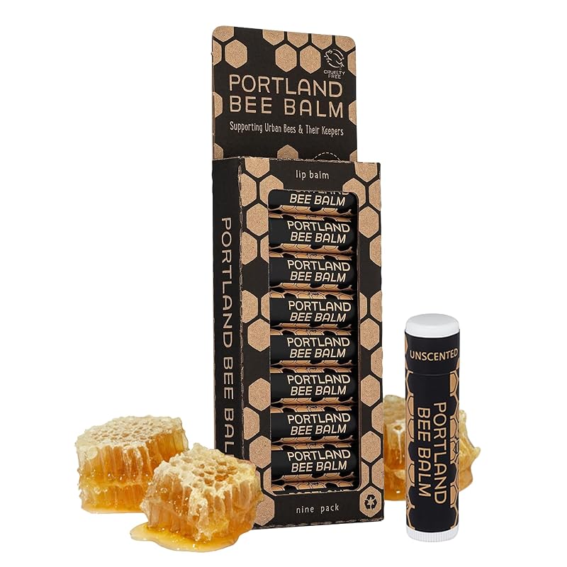 Portland Bee Balm Bálsamo Labial sem Fragrância com Cera de Abelha, Óleo de Coco Orgânico e Azeite Orgânico, Pacote com 9
