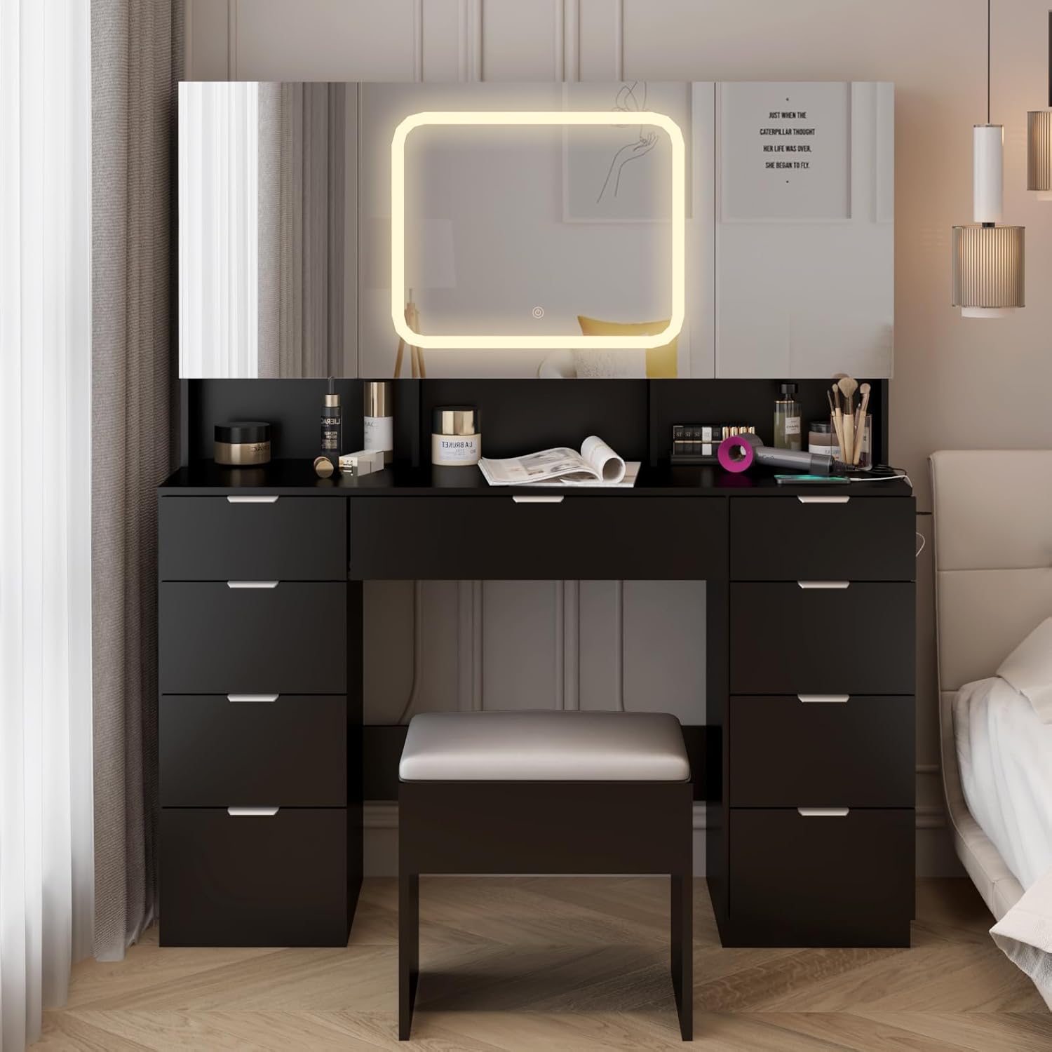 Karl home Large Vanity Table Set with 3 Opening Mirrors & LED Lights, Makeup Desk with 9 Drawers, 3 Hidden Cabinets and Charging Sockets, Upholstered Bedroom Stool