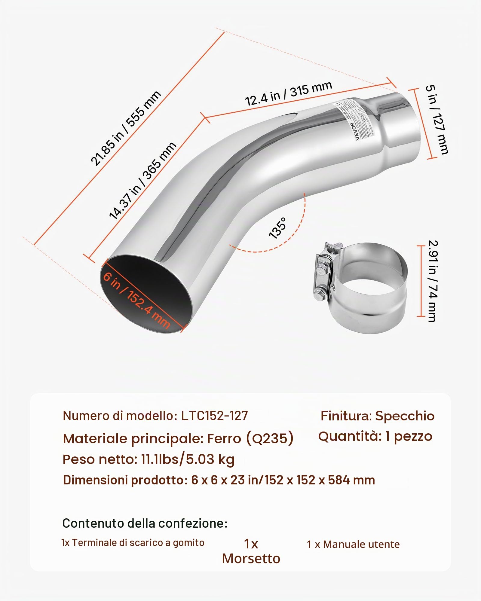 VEVOR Valvola di Scarico Automatica con Pezzo Angolato, Ingresso 127 mm, Uscita 152 mm, Lunghezza Totale 584 mm, Terminale di Scarico Curvo Verso il Basso con Morsetto per Camion, Superficie Cromata