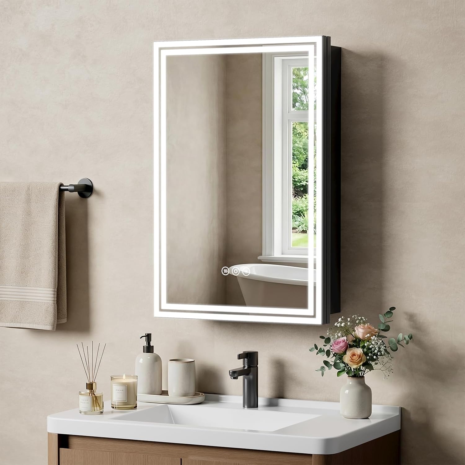 16"x24" Lighted Bathroom Medicine Cabinet, LED Medicine Cabinet Mirror with Electrical Outlet & USB Port, Defogger and Dimmable 3 Colors Adjustment, Aluminum Door Frame-Recessed/Wall Mounted