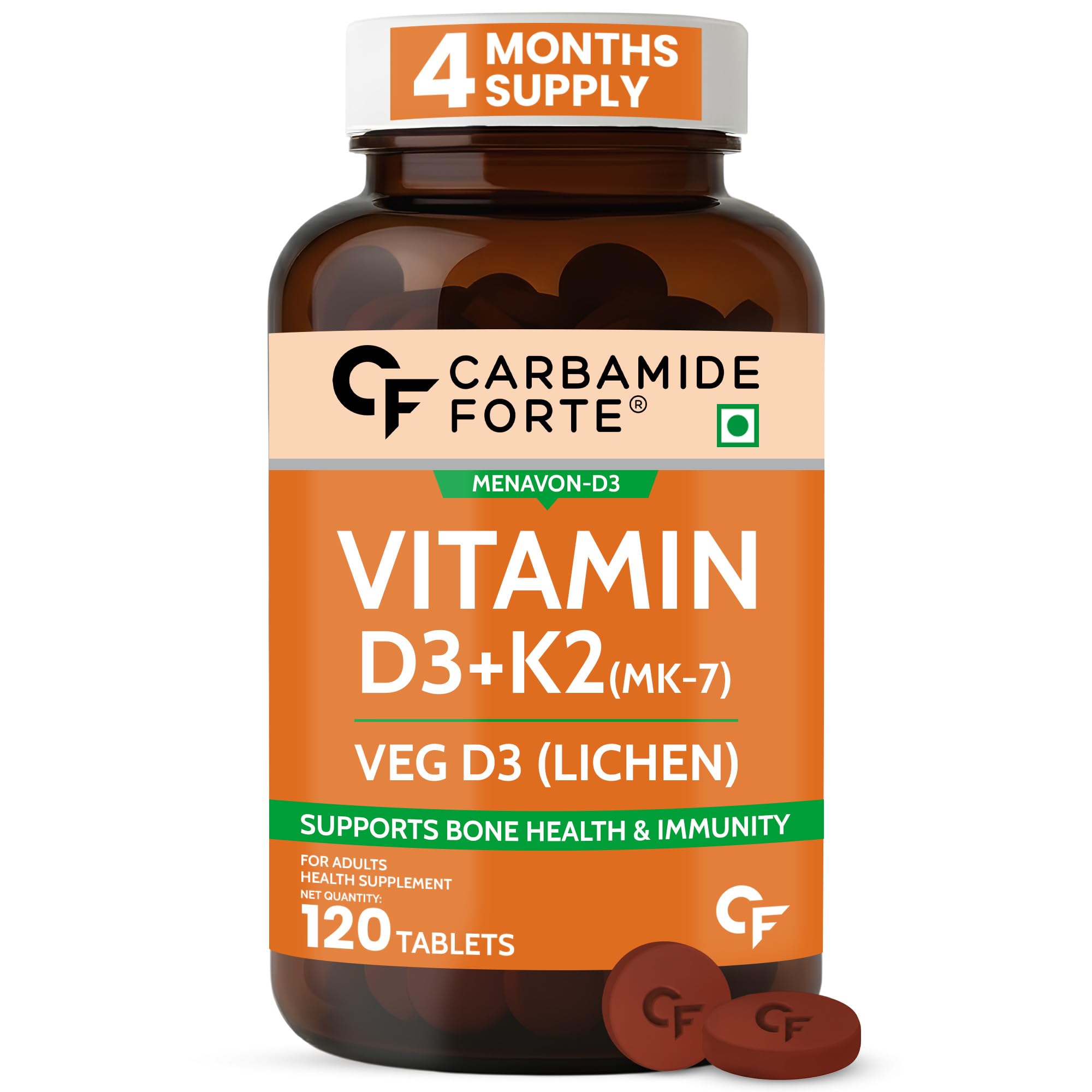 Carbamide Forte Vitamin D3 K2 Supplement | Vitamin K2 MK7 To Support Bone & Heart Health | Veg D3 - Lichen - 120 Tablets