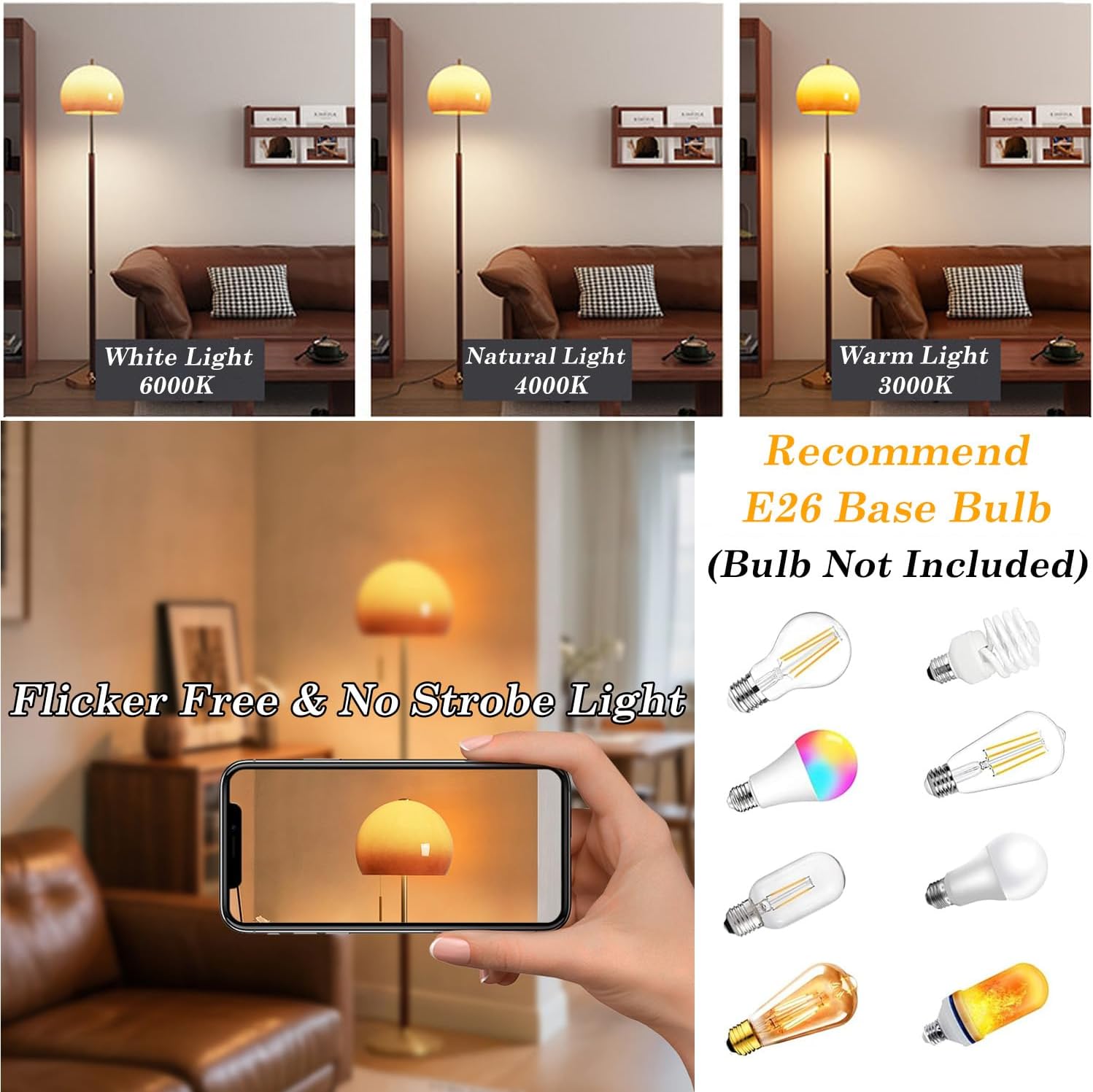 MIXL-Gradient Orange Mushroom Floor Lamp,Glass Shade Gold Standing Light,Dimmable Reading Floor Lamps,Mid Century Modern Standing Lamp for Living Room Bedroom