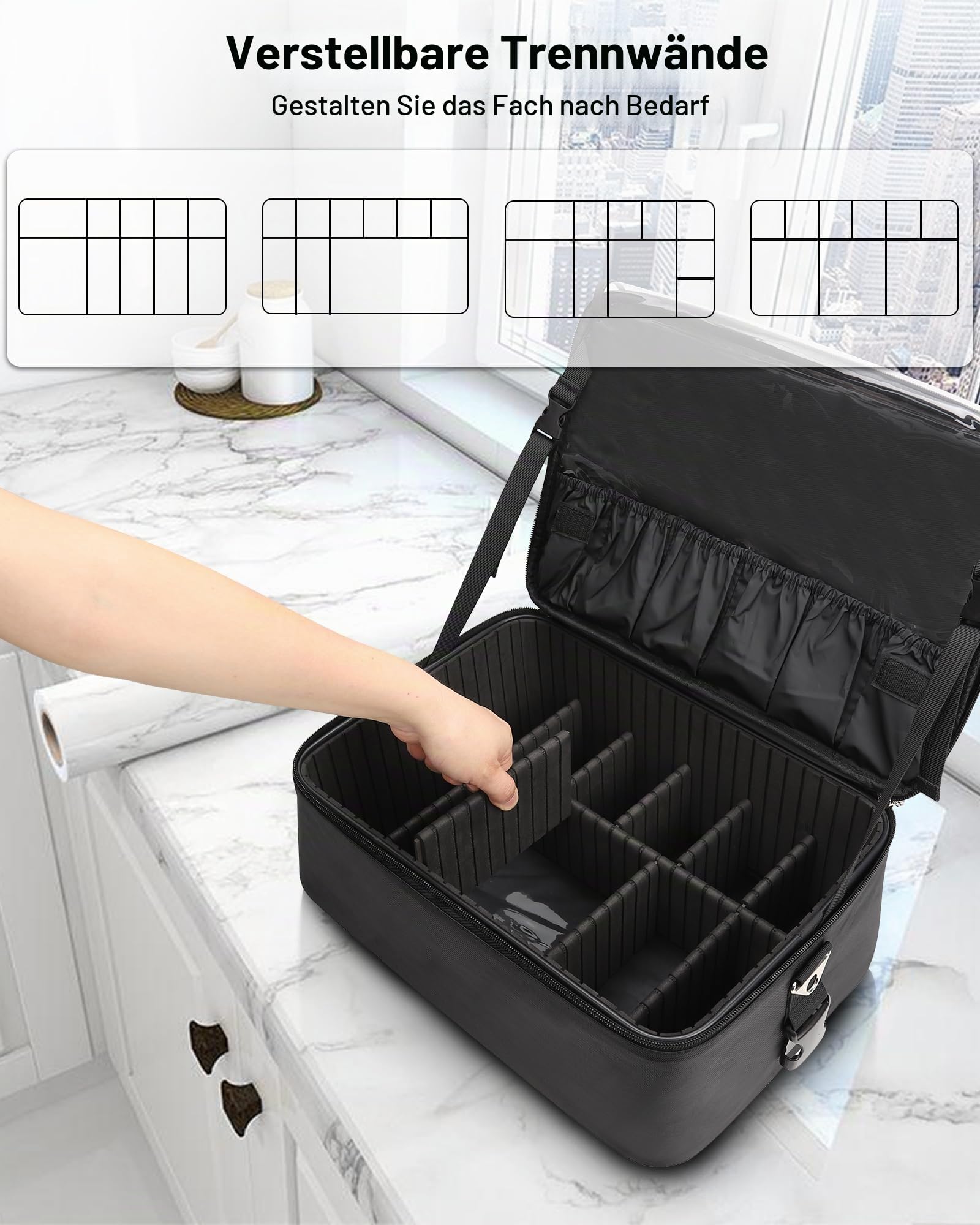 Kosmetikkoffer Große Make-up Tasche Professionelle Schminkkoffer Reise Beauty Case mit 3 Kosmetiktasche Storage Organizer und Lippenstift Platte für Make-up Künstler mit Schultergurt (A Set, Schwarz)