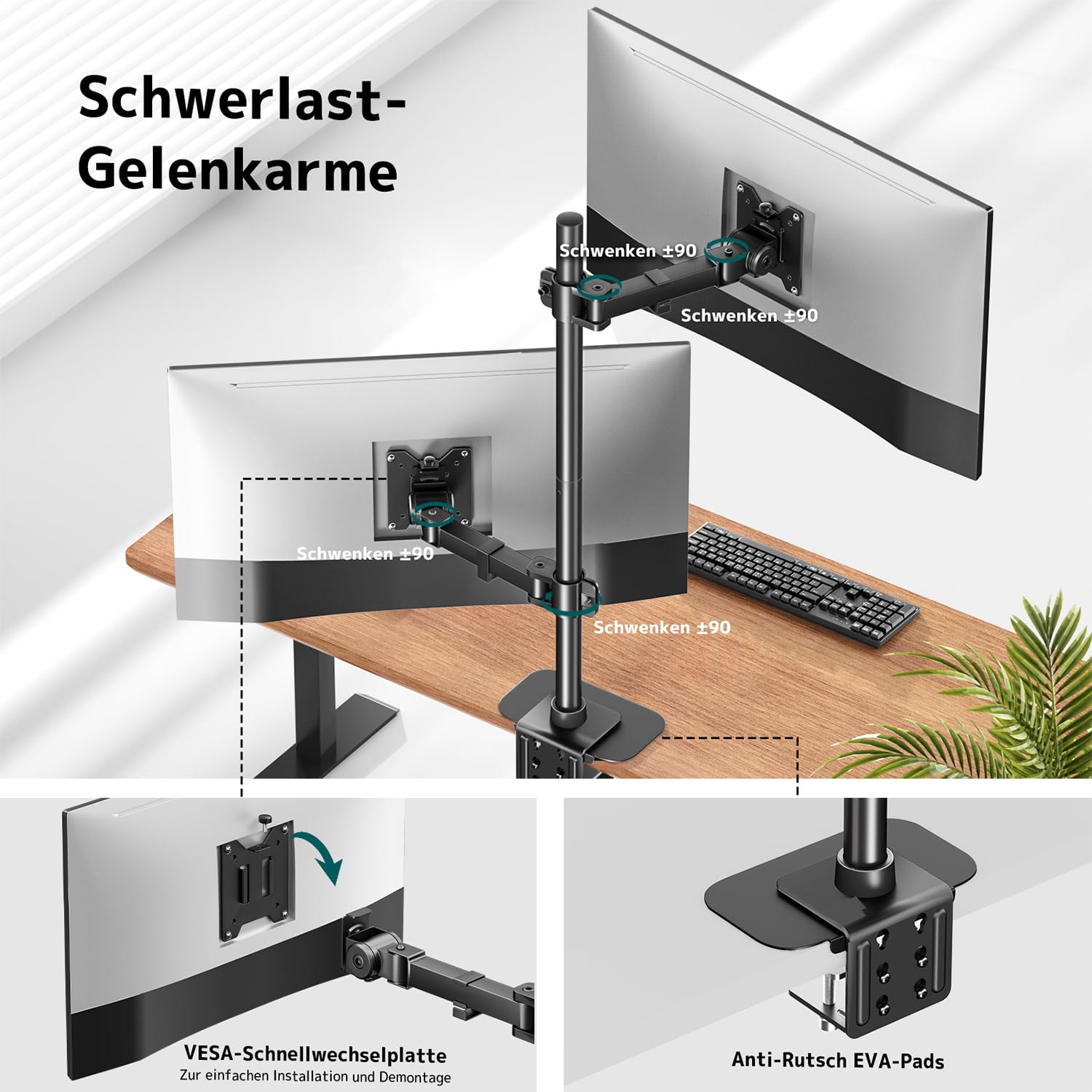 Dual Monitor Halterung 17-49" Flach & Curved 20kg/Arm, Höhenverstellbar | Vollständig verstellbare Tischhalterung, Schnellwechsel-VESA, Integriertes Kabelmanagement & Platzsparendes Stap